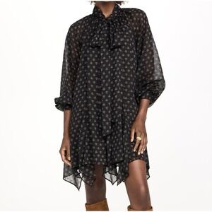 Misa Cindy Loose Mini Dress Crinkle Chiffon Handkerchief Hem Sheer Sleeves Sz XS